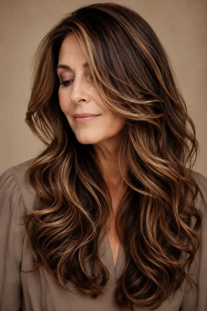 a mature white woman with long, fine brunette hair featuring warm caramel highlights, subtle face-framing strands, long blended layers, and soft loose waves, styled with glossy dimensional color against a warm beige studio background.