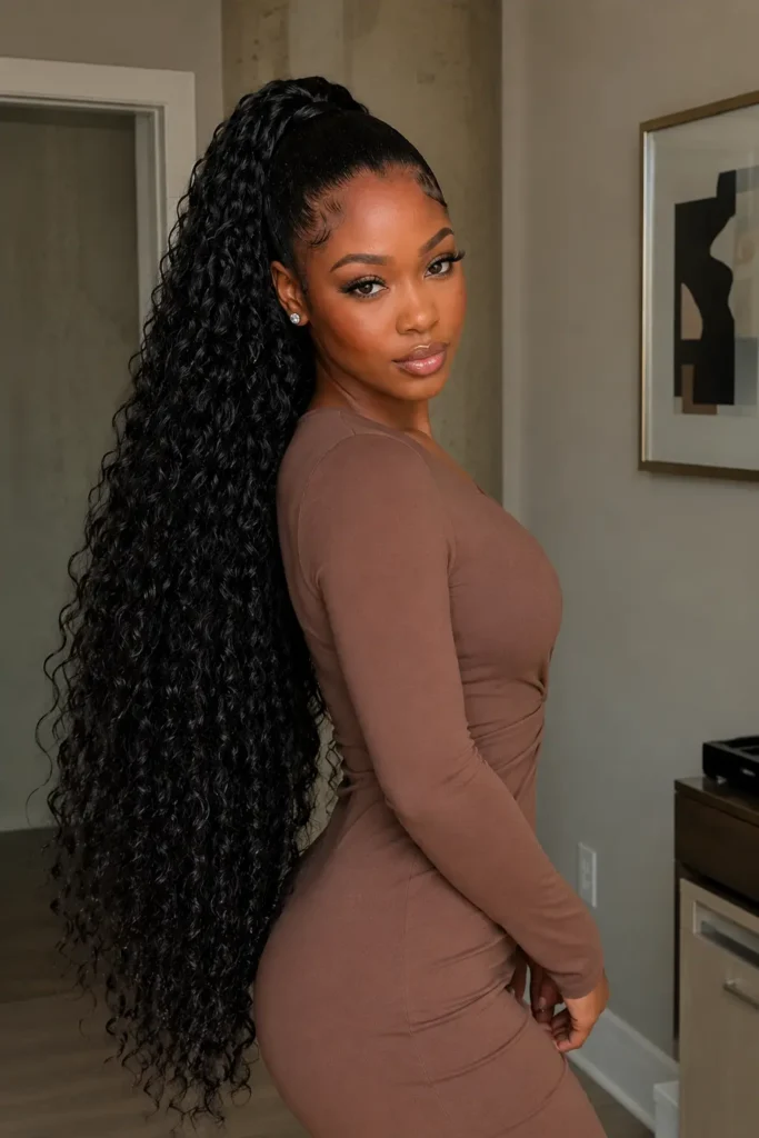 ack woman in a side pose wearing a modest brown dress with a very long curly drawstring ponytail, featuring defined natural curls, blended roots, simple stud earrings, soft glam makeup, and realistic skin texture against a neutral indoor background