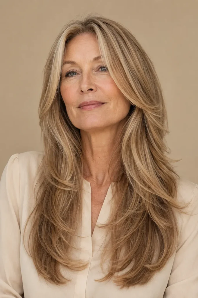 Elegant white woman over 50 with long blonde face-framing layered hair and softly curled ends, wearing a cream blouse against a beige background.
