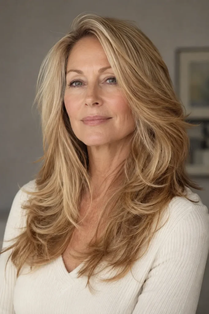a mature white woman with long honey-blonde hair styled in soft feathered layers, airy volume, and face-framing ends, wearing an ivory knit top against a softly blurred neutral background.
