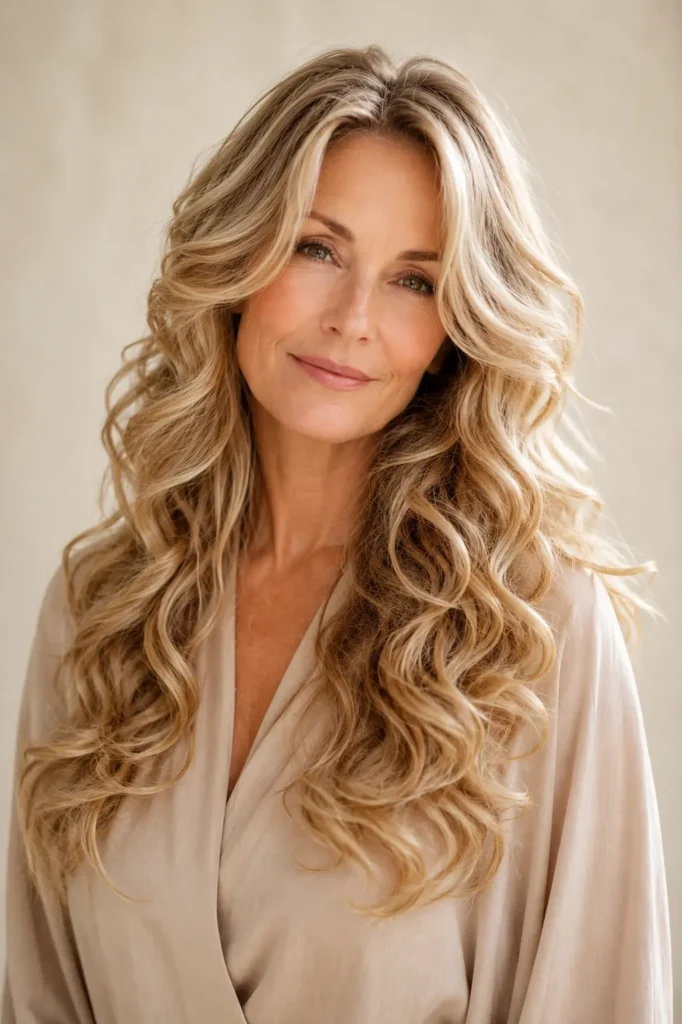 White woman over 50 with long medium blonde hair styled in soft romantic curls.