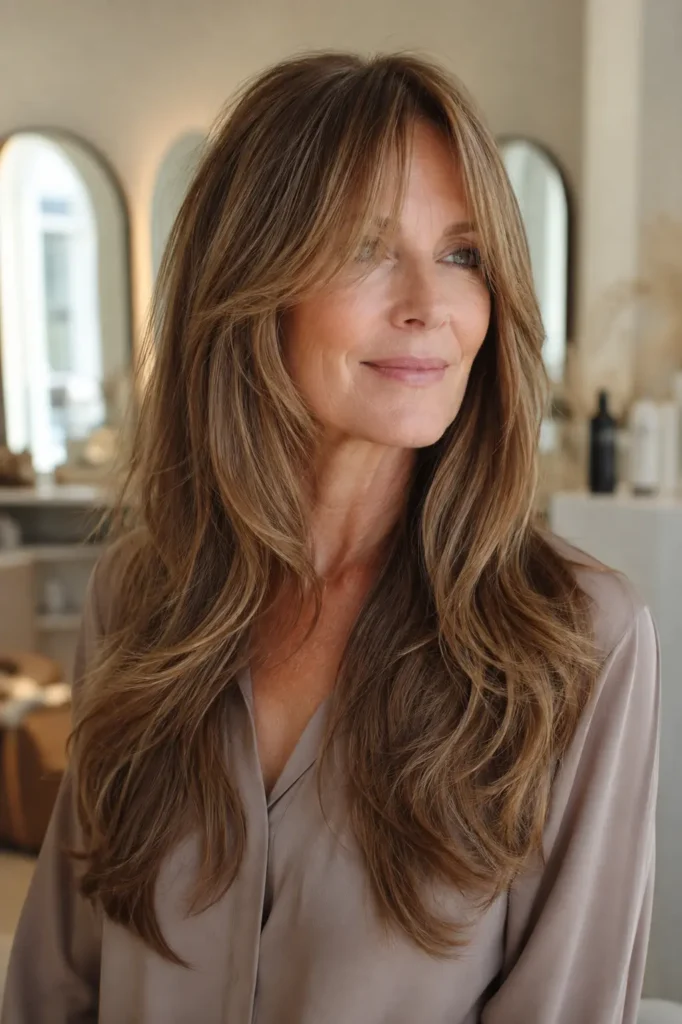 A mature white woman with long fine light brown hair, soft curtain bangs, face-framing layers, and loose polished waves, wearing a taupe blouse in a softly blurred salon.