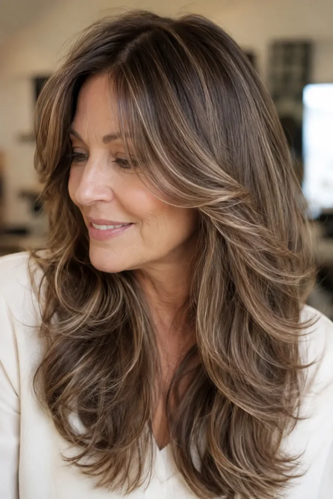 close-up portrait of a white woman over 50 with long fine medium brown hair styled in soft face-framing beige honey balayage highlights, seamless long layers, gentle waves, and subtle crown lift, wearing an ivory top against a softly blurred cream salon background.