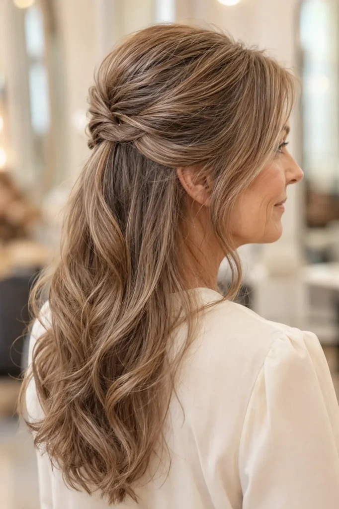 a white woman over 50 with long fine light brown hair styled in an elegant half-up hairstyle featuring a softly lifted crown, twisted back sections, and loose flowing waves, wearing a modest cream blouse against a softly blurred ivory salon background.