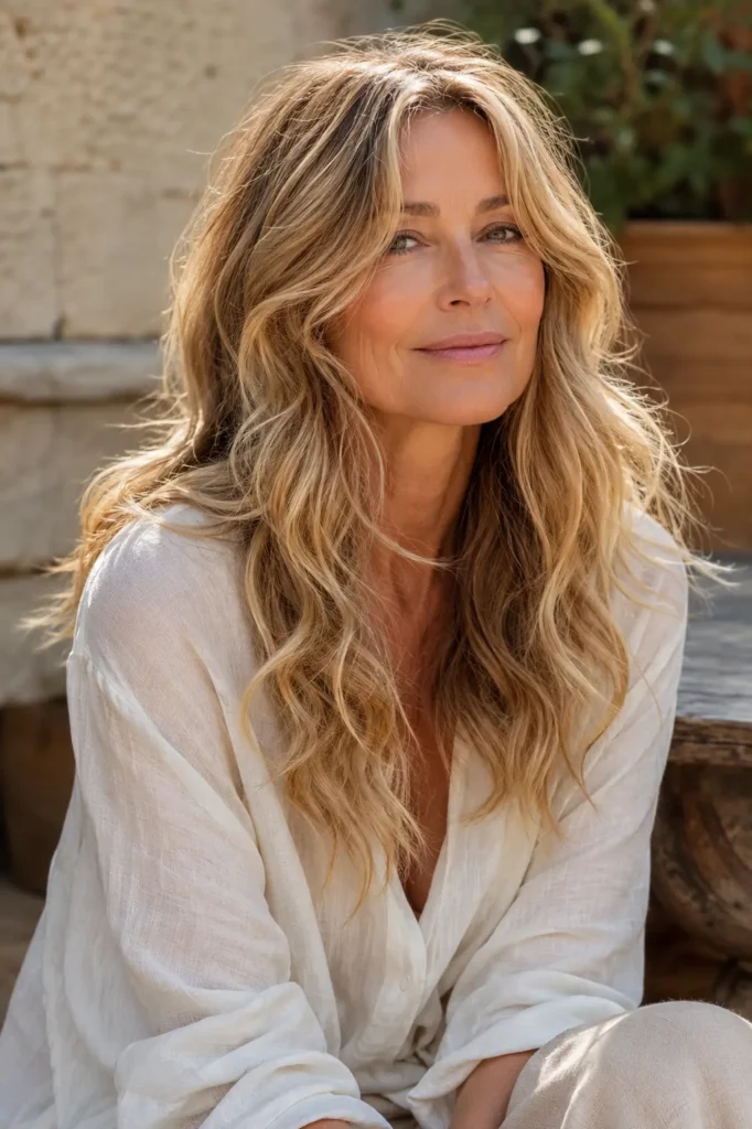woman over 50 with long, fine medium-blonde hair styled in soft, loose beach waves with subtle highlights and natural volume, wearing an ivory linen blouse in warm golden outdoor light.