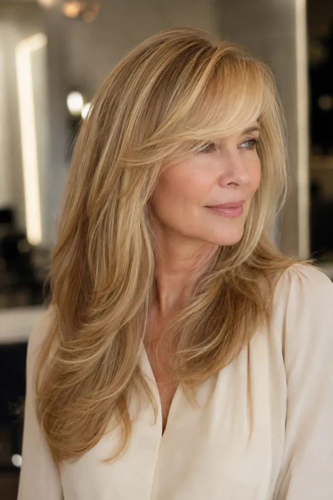 woman over 50 with long fine warm blonde hair styled in a voluminous blowout with elegant side-swept bangs, soft waves, and long face-framing layers, wearing a cream blouse against a softly blurred neutral salon background.