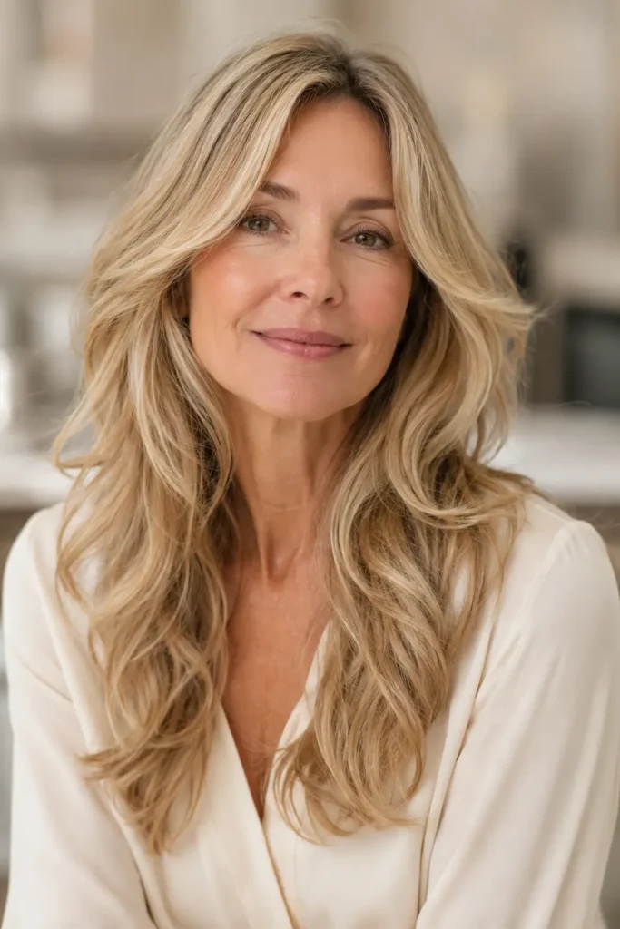 a beautiful white woman over 50 with long fine warm blonde hair styled in soft face-framing waves and subtle long layers, featuring gentle root volume and flowing dimensional waves over the shoulders, wearing an elegant ivory blouse against a softly blurred beige salon background.
