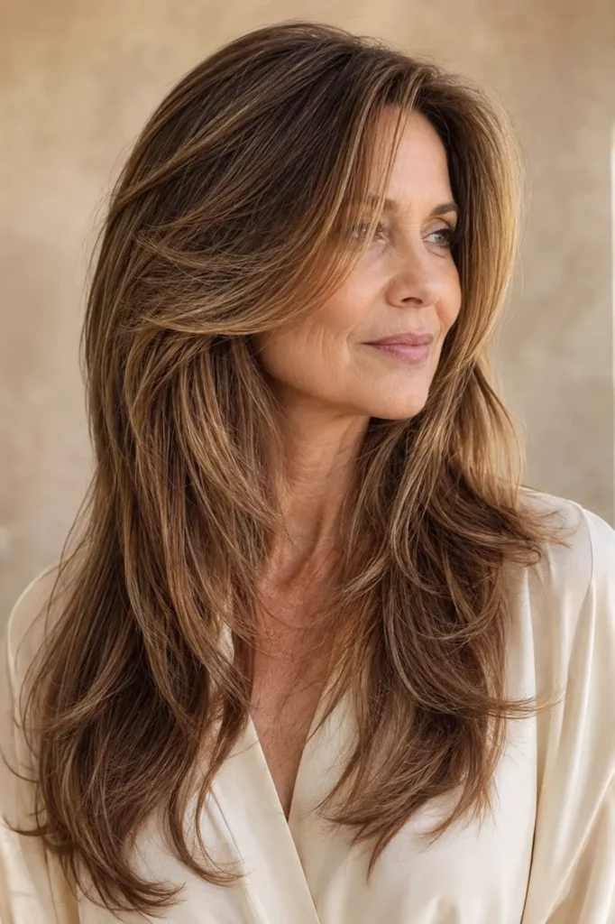 Long warm brown swoopy layered hairstyle on a woman over 50 with soft honey highlights and a voluminous blowout.