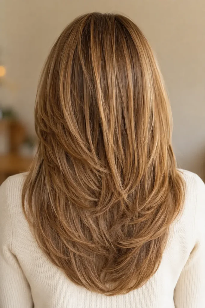 backview of a woman over 50 with long fine golden-brown hair in a soft U-shaped cut with subtle layers, loose waves, and a smooth curved perimeter, wearing an ivory knit top against a softly blurred warm beige background.