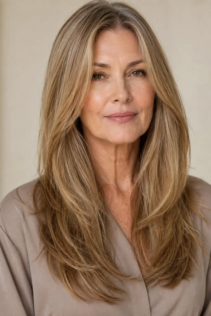 a mature white woman with long, fine dark blonde hair, a clean center part, subtle long layers, and softly curved ends, wearing a taupe blouse against a warm ivory background.