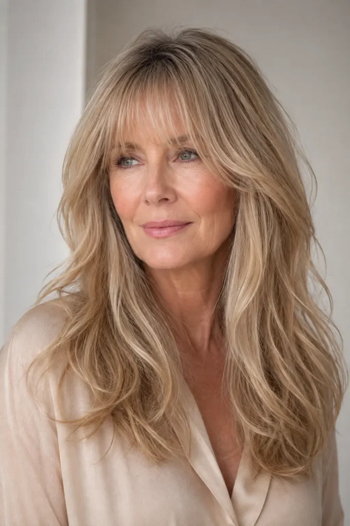 Stylish white woman over 50 with long fine ash-blonde hair, delicate wispy bangs, soft layered waves, and gentle root volume, wearing a light beige blouse against a softly blurred ivory background.