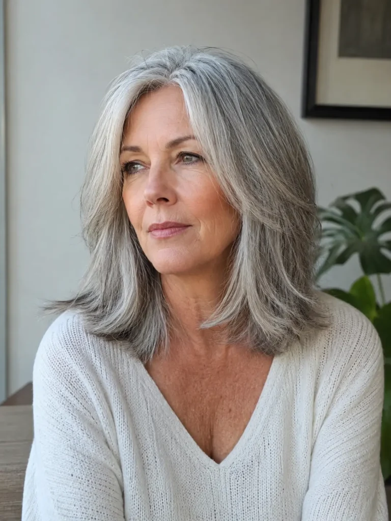 a 62-year-old woman with natural silver-gray hair styled in a long layered bob falling near the collarbone, with subtle crown layers, soft face-framing pieces, and fuller-looking ends, shown in three-quarter view against a neutral background.