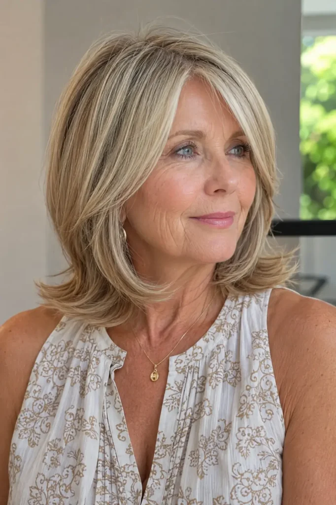 a mature white woman around 60 with a long layered bob haircut for thin hair, softly flipped ends, subtle crown lift, and face-framing layers, shown in a close three-quarter view with natural mature skin texture and fine hair strands.