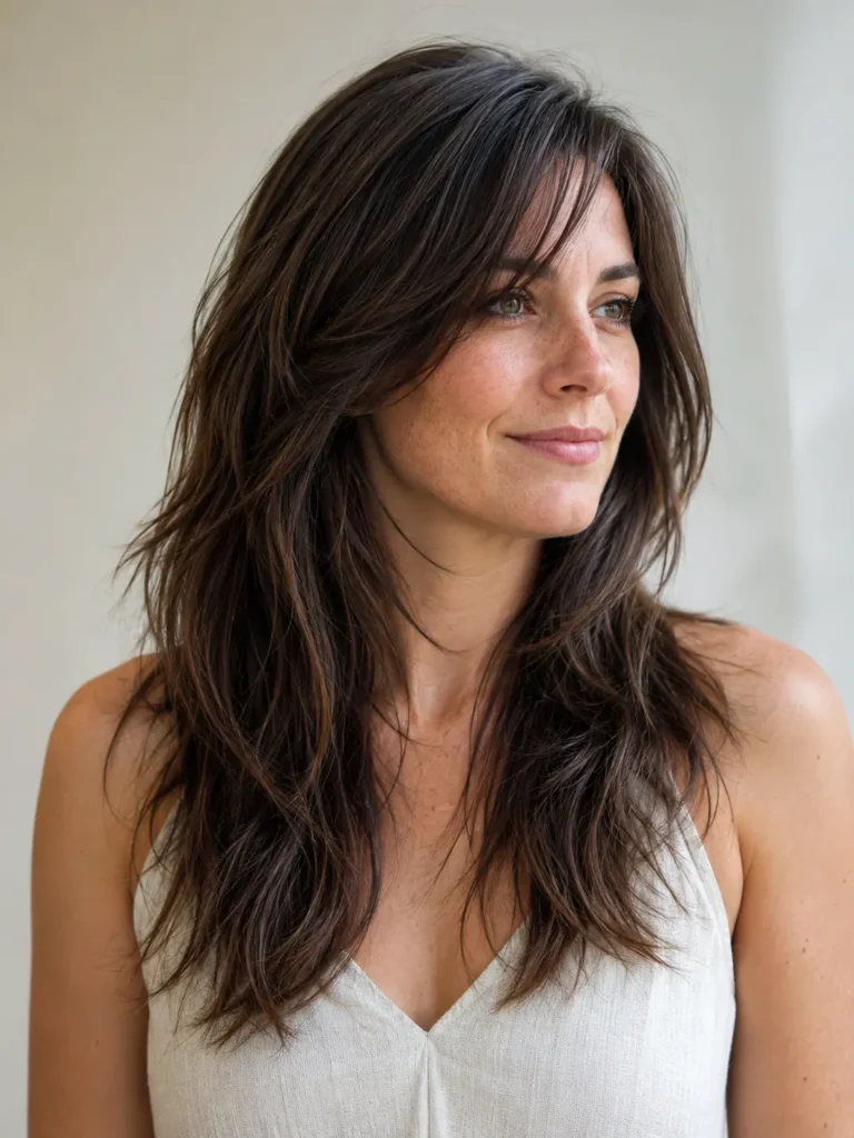 white woman in her late 20s with long layered brunette hair and soft side-swept bangs Hairstyles blending into face-framing layers, shown in a three-quarter front view with natural skin texture and a neutral background.