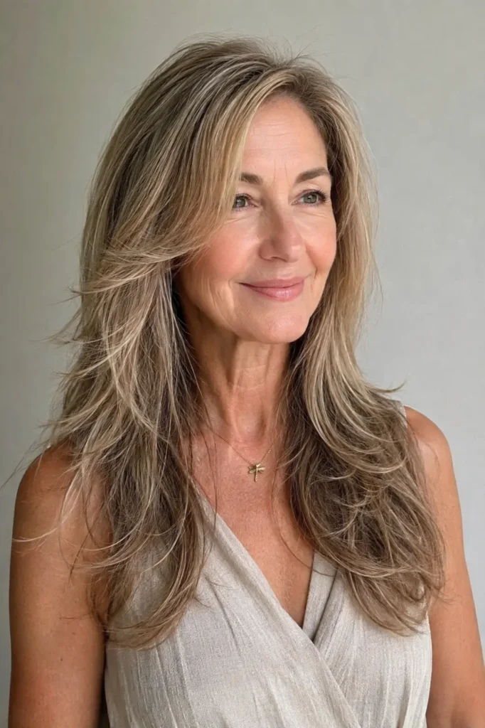 a woman in her late 50s with long layered hair for thin hair, soft face-framing layers, natural crown lift, softly waved lengths, and fuller-looking ends, shown in a three-quarter view against a neutral background.