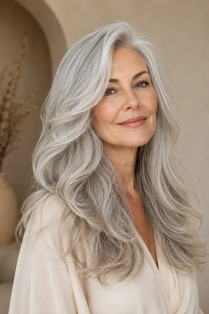 an elegant white woman over 50 with long fine silver-gray hair styled in soft layers and loose waves, featuring luminous silver tones, subtle root volume, and healthy ends, wearing an ivory blouse against a softly blurred warm beige studio background.