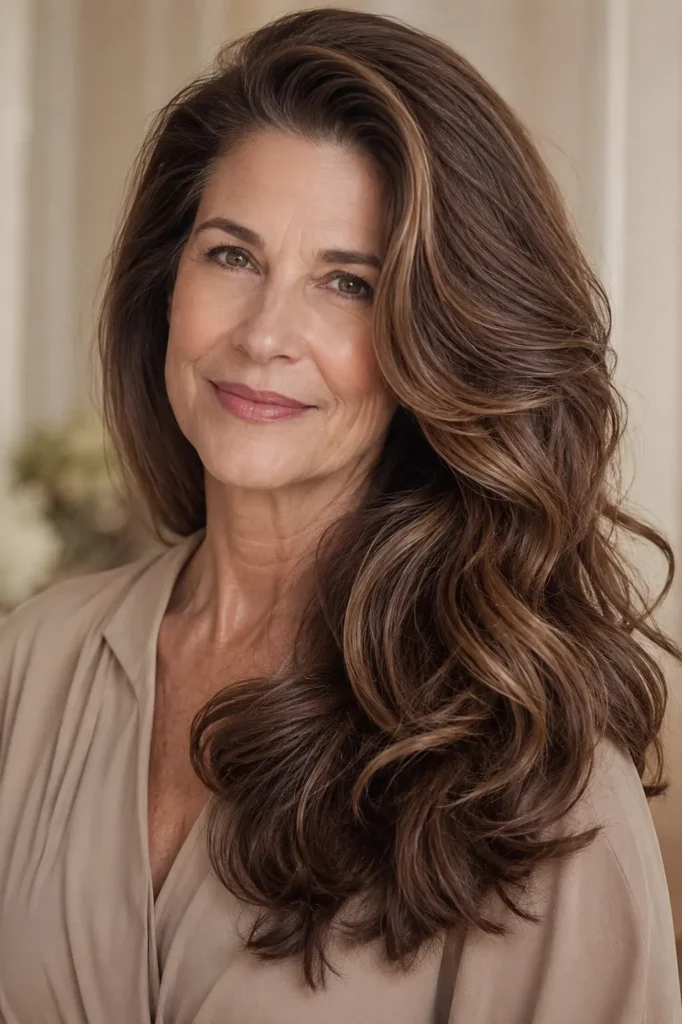 Elegant white woman over 50 with long fine medium-brown hair styled in glossy soft loose waves and a deep side part, wearing a beige blouse against a softly blurred warm cream background.