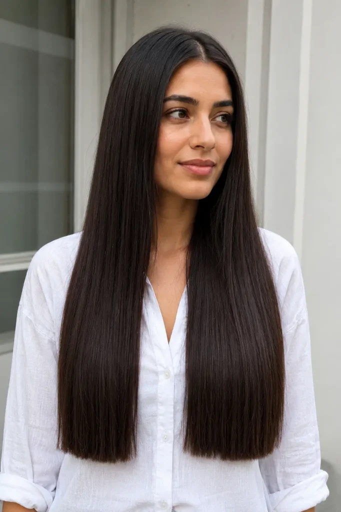 Long straight hairstyle with smooth blunt ends and a center part