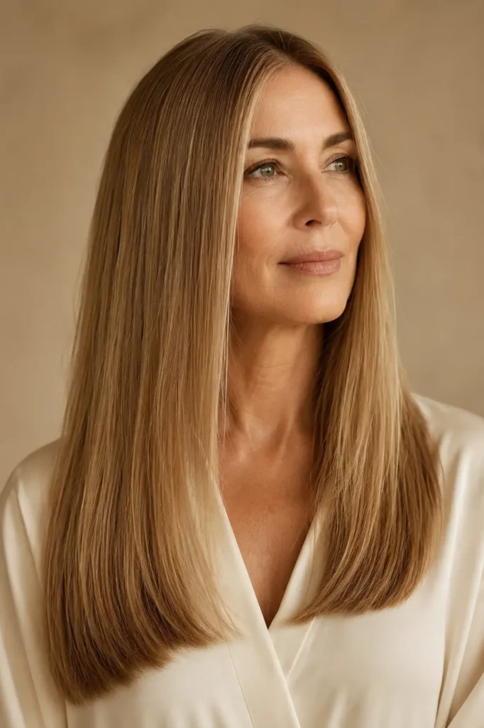 Elegant white woman over 50 with long, fine dark blonde hair styled sleek and straight with a subtle center part and clean blunt ends, wearing an ivory blouse against a warm beige studio background.