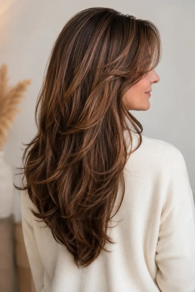 A white woman over 50 shown from a rear three-quarter angle with long, fine chestnut brown hair styled in subtle V-shaped layers and soft polished waves cascading down her back, wearing a cream knit sweater against a softly blurred neutral background.
