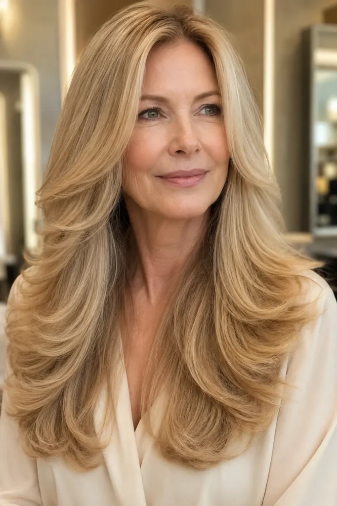 a sophisticated white woman over 50 with long, fine blonde hair styled in a voluminous professional blowout with lifted roots, smooth rounded styling, and softly curved ends, wearing a cream blouse in a softly blurred neutral beige salon.