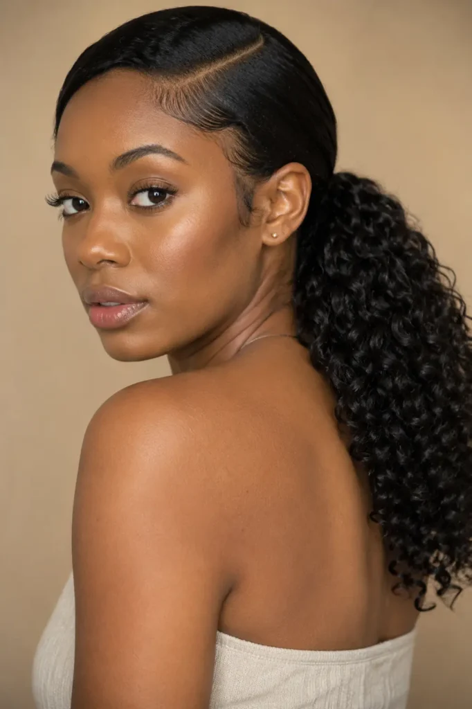 Black woman wearing a graceful low curly ponytail with a deep side part, defined glossy curls gathered at the nape, smooth laid edges, minimal jewelry, and a soft beige background, with the hairstyle as the main focus.