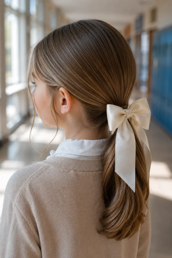 young white girl with a sleek low ponytail tied at the nape with an oversized cream bow, featuring a clean middle part and glossy hair, wearing a beige cardigan and white blouse in a softly blurred school hallway with natural morning light.