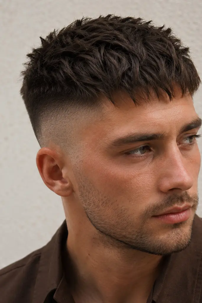 adult white man in his late 20s with a low skin fade and textured crop haircut, featuring a short choppy top, subtle forward fringe, and naturally separated strands, wearing a brown shirt in a close three-quarter portrait.