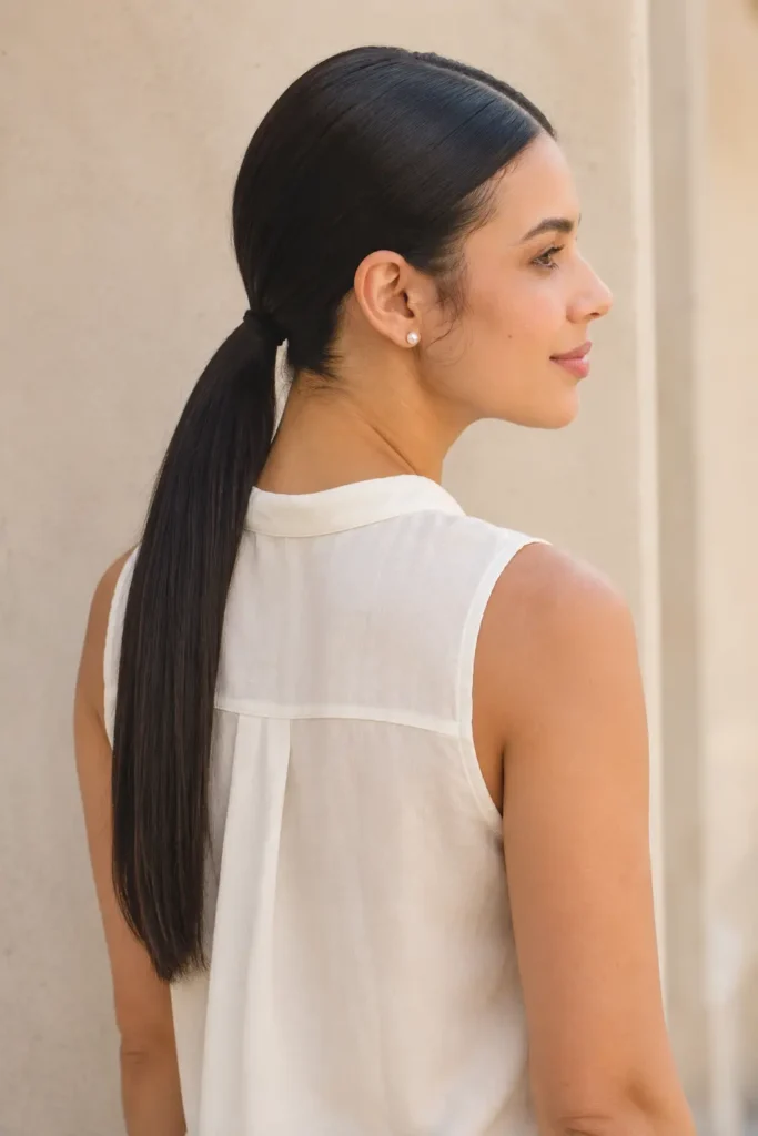Sleek low straight ponytail with a middle part