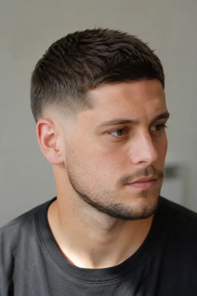 white man with a clean low taper fade and short textured hair, shown in a three-quarter view.