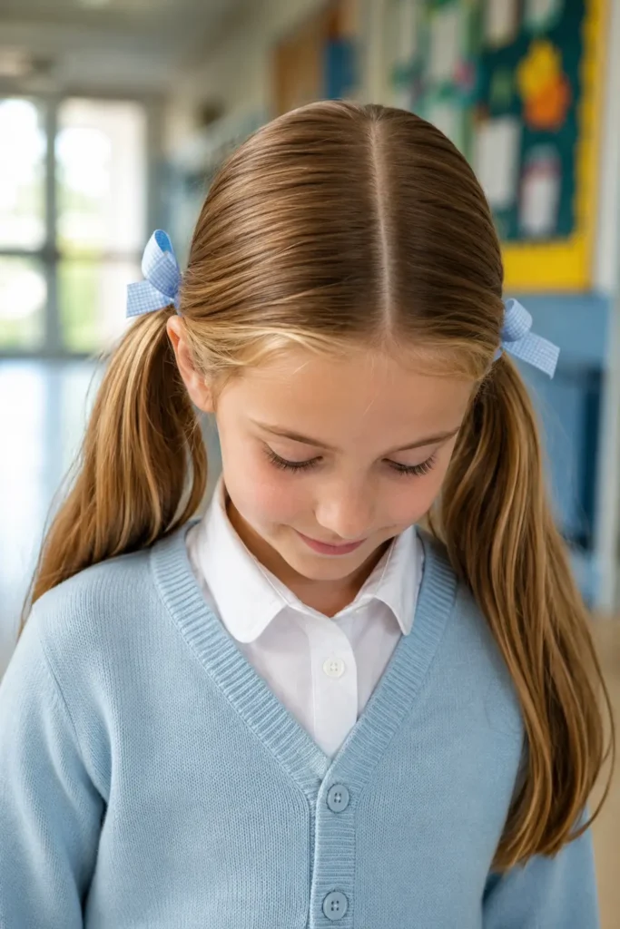 young white girl with two low twin ponytails, a precise center part, and matching pastel bows, wearing a light blue cardigan and white collared school shirt in a softly blurred school hallway with natural morning light.