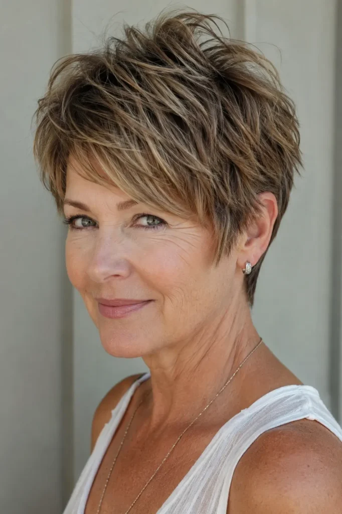 White woman over 50 with a messy choppy pixie haircut, tapered sides, airy crown layers, and textured ends, photographed in natural daylight.