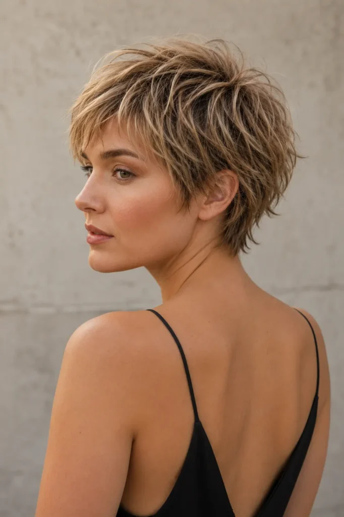 woman with a messy textured short crop haircut and tousled dark blonde hair, shown from a three-quarter rear-side angle in a black dress.