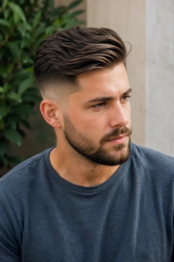 a white man with a mid fade and textured comb-over haircut, featuring naturally swept hair, detailed strands, and realistic skin texture.