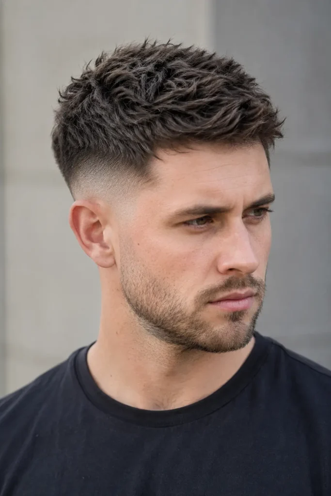 man with a mid fade haircut and heavily textured short top, shown in three-quarter view with natural volume and defined hair strands.