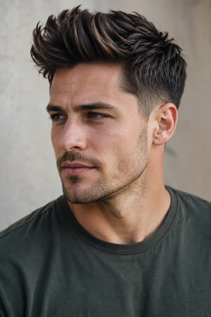 man in his late 20s with a mid taper haircut and voluminous textured quiff, featuring naturally lifted hair, realistic strands, authentic skin texture, and a three-quarter front view in soft natural daylight.