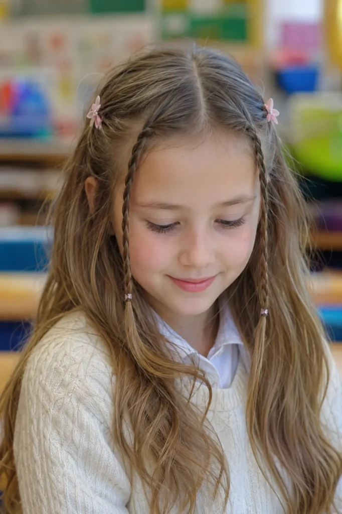 young white girl with two delicate face-framing mini braids secured by tiny pastel hair clips, long natural hair, and a cream school sweater in a softly blurred classroom with natural window light.