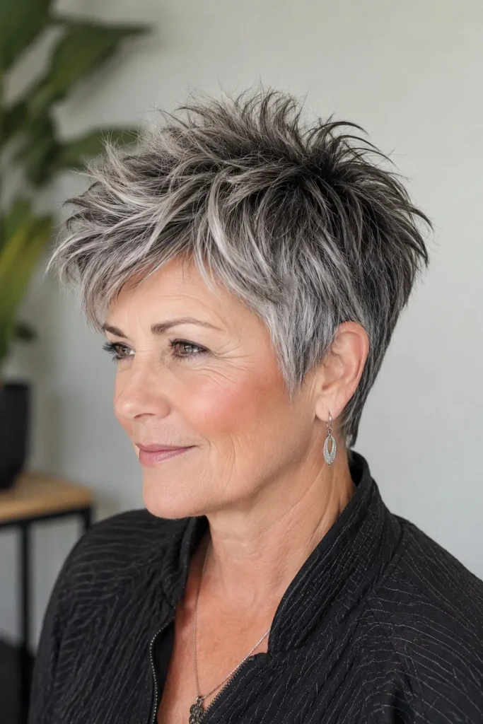 a mature woman with a dimensional gray choppy pixie haircut featuring silver, white, charcoal, and salt-and-pepper tones, textured layers, and tapered sides and nape.