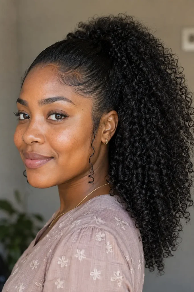 Black woman with a natural wash-and-go curly ponytail, defined moisturized coils, minimal makeup, soft smile, and a light mauve embroidered blouse against a neutral indoor background.