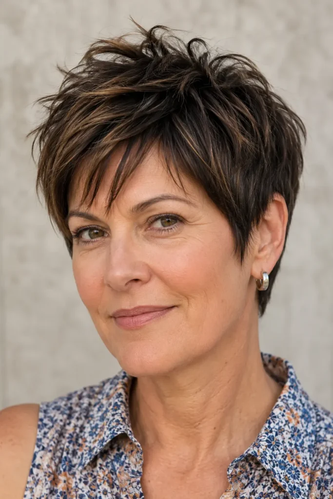 white woman over 50 with a piecey brunette choppy pixie haircut featuring caramel highlights, tapered sides, textured crown layers, and natural mature skin.