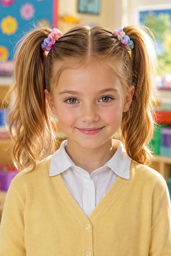 white schoolgirl with two high pigtails tied with colorful pastel scrunchies, a neat center part, and shiny bouncy hair, wearing a yellow cardigan over a white collared shirt in a softly blurred, sunlit elementary classroom.