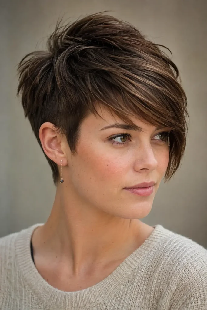 a white woman in her late 20s with a textured medium-brown pixie cut, short tapered sides and back, and a long side-swept fringe, wearing a soft cream top against a neutral autumn background.