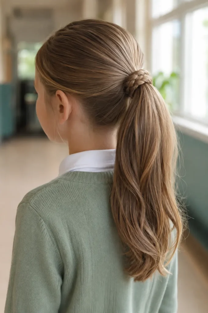 Young white schoolgirl with a sleek mid-height ponytail featuring a small braid wrapped around the ponytail base, smooth polished crown, and long glossy hair, wearing a soft green cardigan over a white school blouse in a naturally lit, blurred school hallway.
