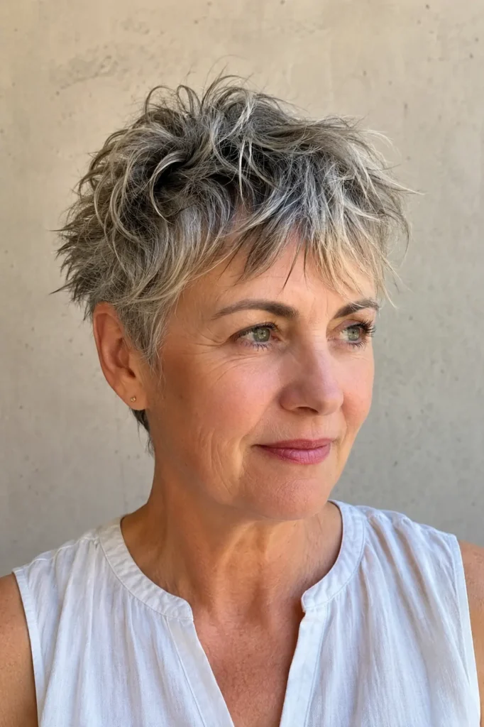 a woman over 50 with a textured salt-and-pepper choppy pixie haircut, airy crown layers, and neatly tapered sides.