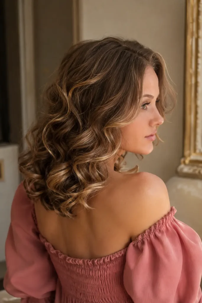 woman in her late 20s with romantic shoulder-length flowing curls, large soft defined curls cascading around her shoulders, subtle face-framing pieces, and natural brown hair with warm highlights, shown from a three-quarter rear angle with partial profile in warm evening light, wearing a rose-pink outfit.