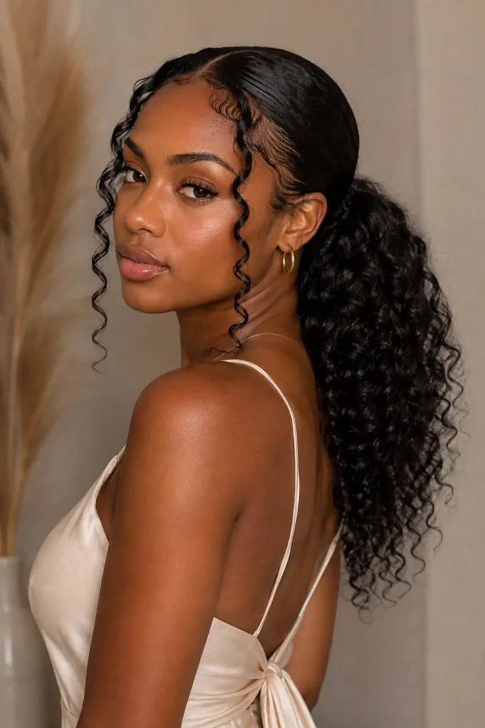 portrait of an everyday Black woman wearing a romantic low curly ponytail with naturally defined ringlets and soft face-framing curls. Her healthy textured hair is the focal point, complemented by authentic facial features, minimal elegant makeup, and a neutral studio background with soft lighting.
