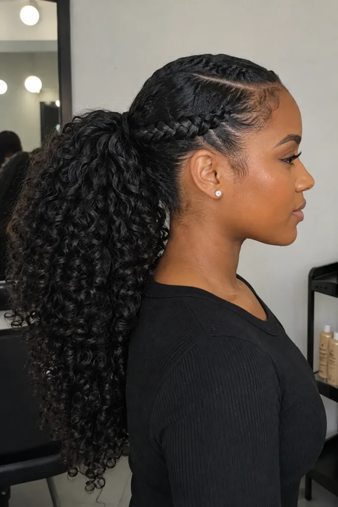 Black woman wearing two rope twists leading into a voluminous curly ponytail with defined natural curls and laid edges, shown in a neutral salon setting with the hairstyle as the main focus.