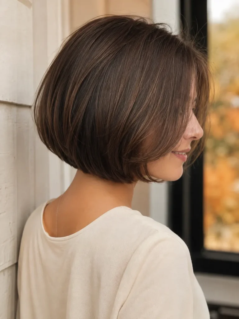 woman in her late 20s with a rounded chin-length brunette bob, voluminous curved shape, and softly tucked-in ends, shown from a three-quarter rear-side angle in warm autumn daylight.
