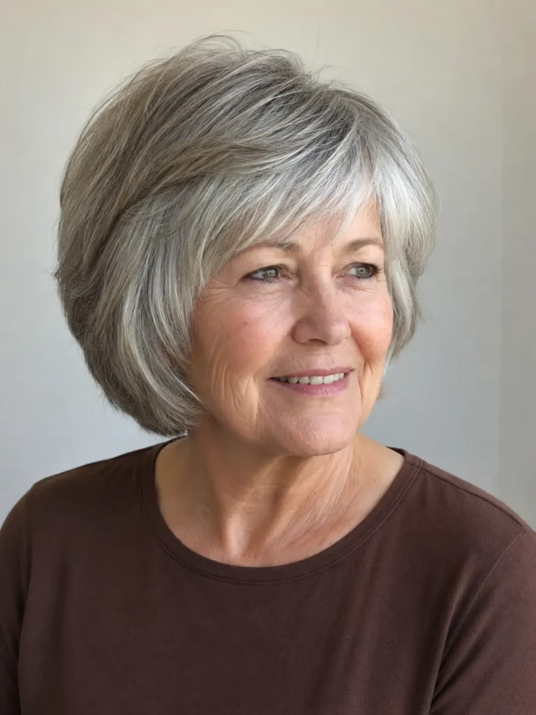63-year-old white woman with a rounded, softly layered silver-gray bob haircut, natural volume, and smooth full shape, wearing a brown shirt against a neutral background.