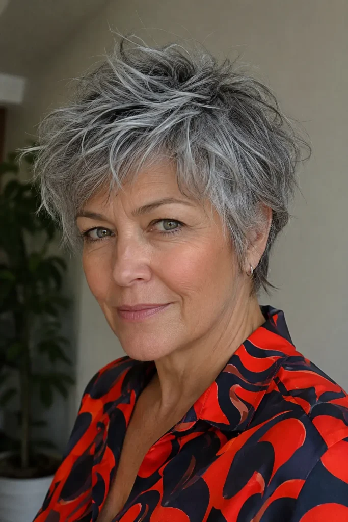 Shaggy choppy silver-gray pixie haircut on a real woman over 50, featuring irregular crown layers, softly tapered sides, feathered pieces, and naturally tousled texture.